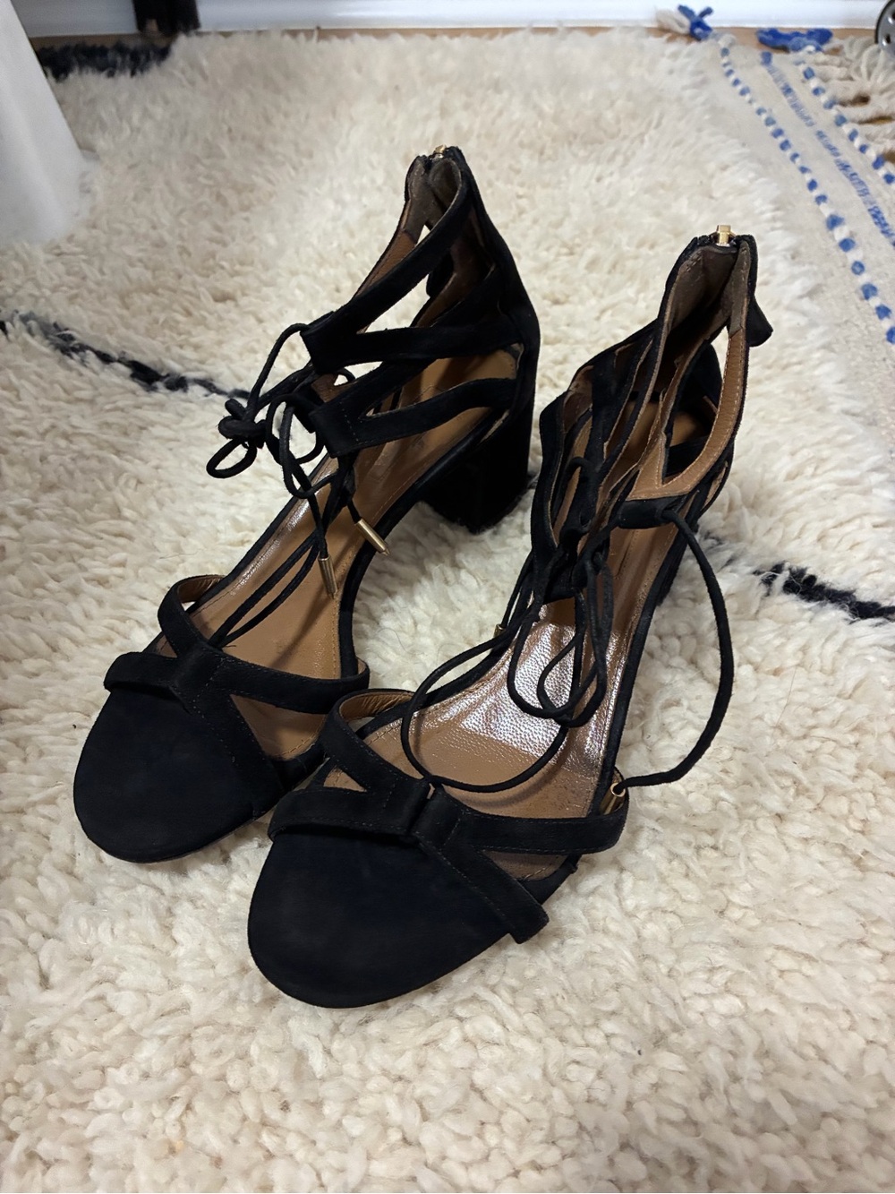 AQUAZZURA - Black Suede Lace-Up Block Heel Sandals 37